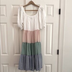 Aura White and Pink Tiered Midi Sundress with Puff Sleeves